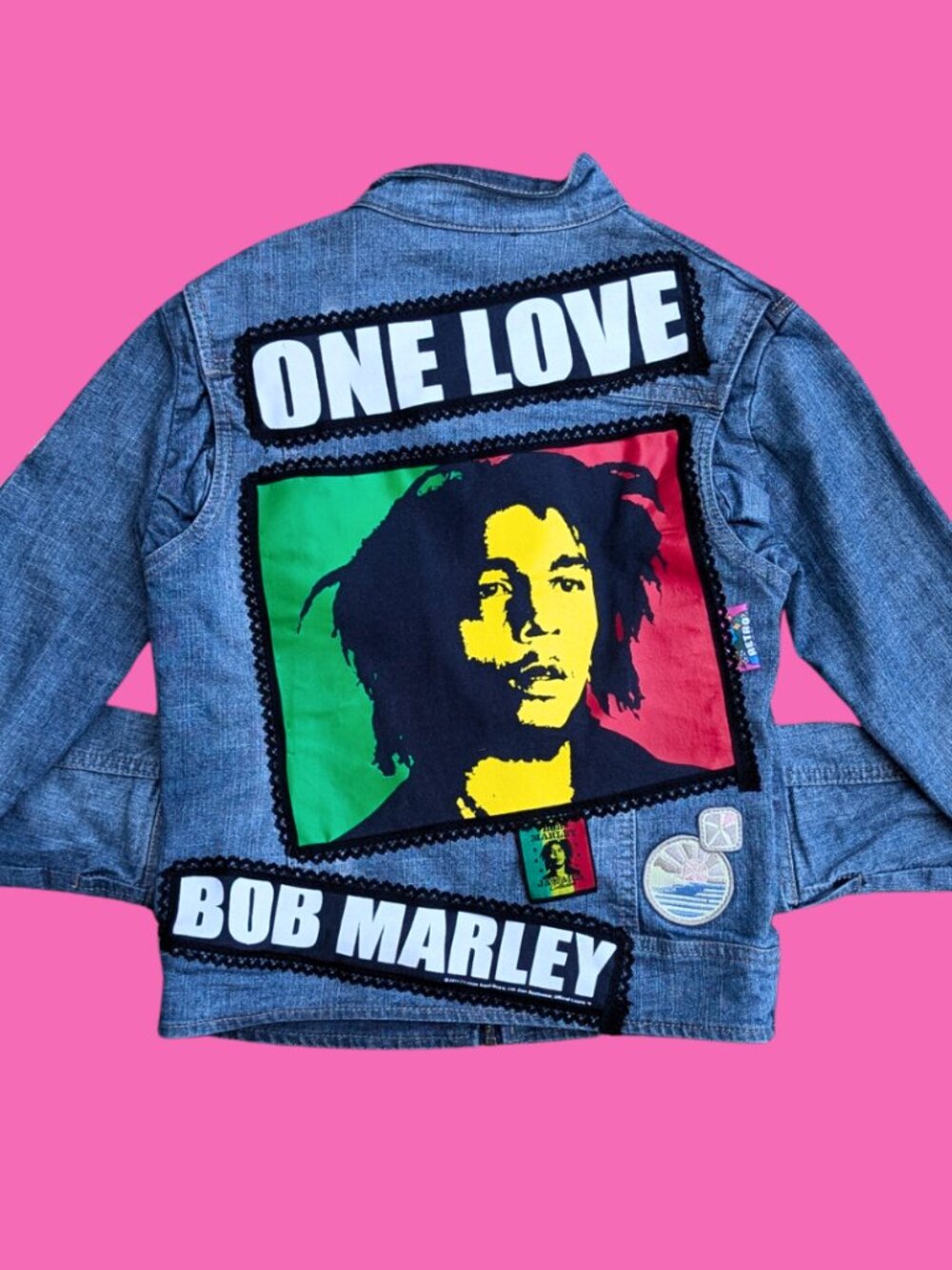 Bob Marley ''One Love'' Upcycled T-Shirt Denim Jacket Size M
